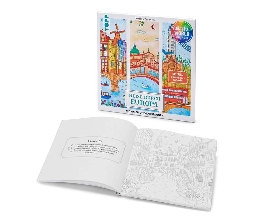 L'image montre le livre «	Reise durch Europa – Ausmalen und Entspannen	» et un livre de coloriage ouvert avec une illustration de Venise.