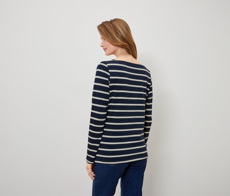 Une femme vue de dos porte un t-shirt rayé bleu et blanc à manches longues et un jean.