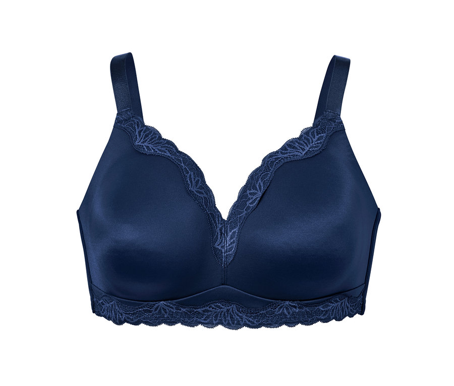 Soutien-gorge souple bleu foncé avec de la dentelle.