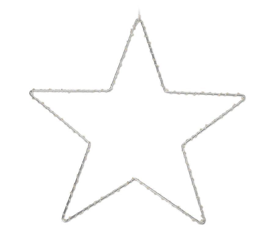 Étoile métallique illuminée avec des lumières blanches sur fond blanc.
