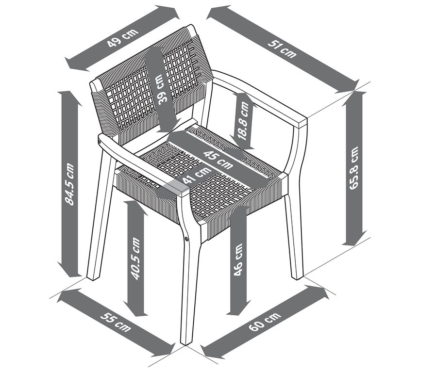 Illustration d'une chaise de salle à manger empilable avec tissage textile et dimensions.