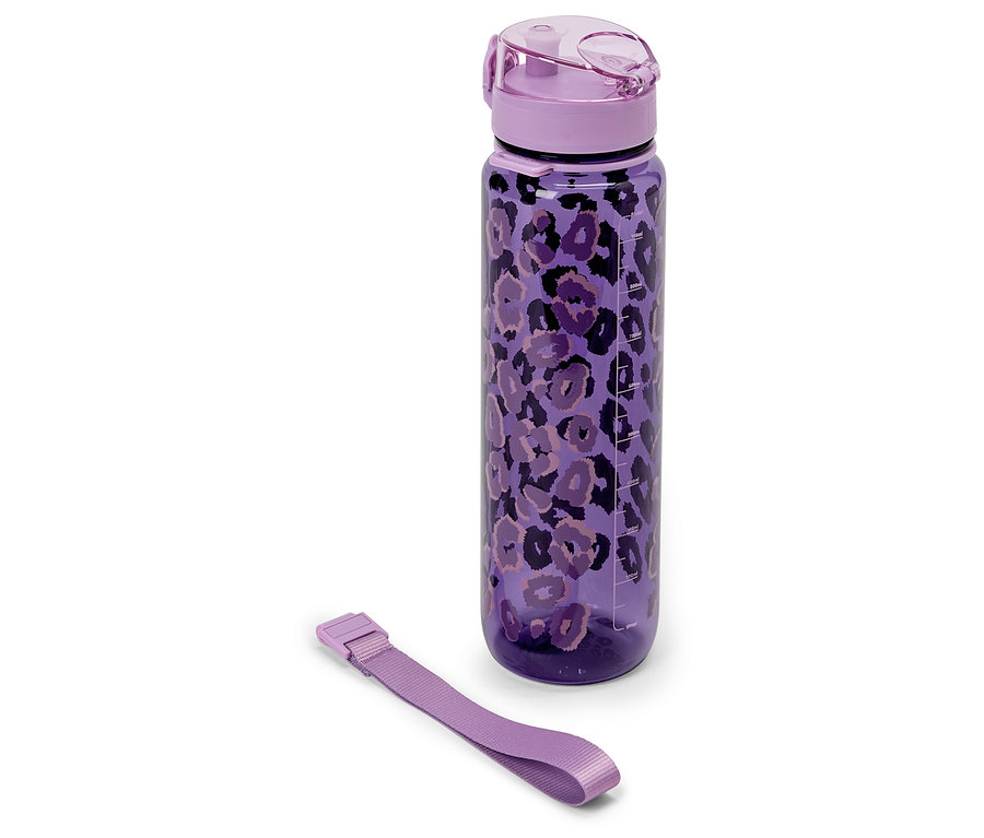Bouteille d'eau violette avec motif animal et sangle.