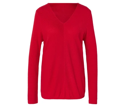 Pull rouge à manches longues avec un col en V.