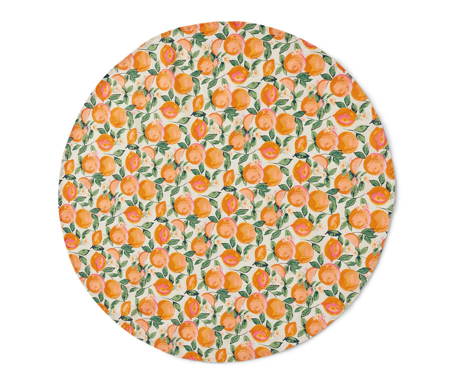Nappe lavable, ronde avec un motif d'oranges et de feuilles.