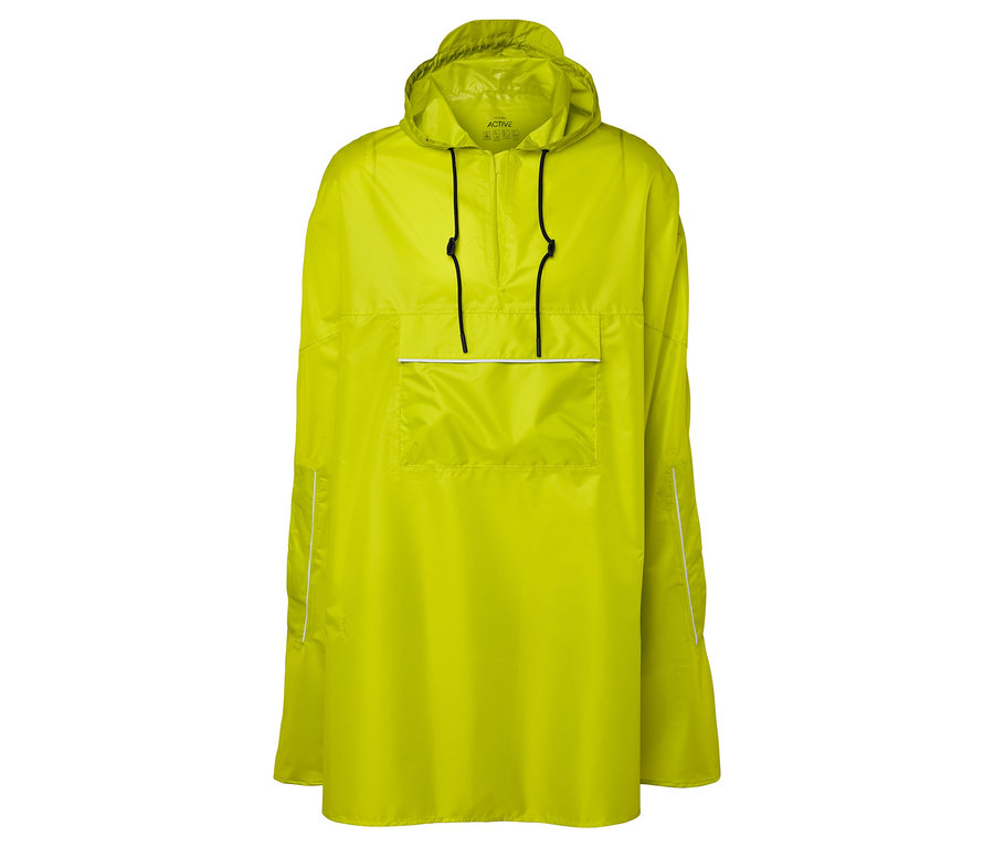 Un poncho jaune avec capuche, cordon de serrage et poche poitrine.