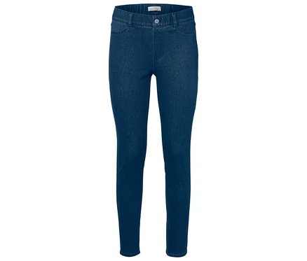 Jeggings aspect denim mid blue avec poches avant et bouton, posé à plat.