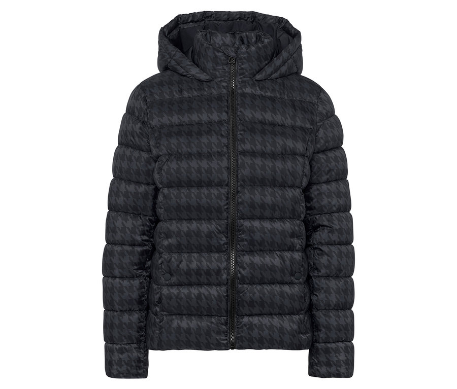 Une doudoune noire à capuche avec un motif pied-de-poule.