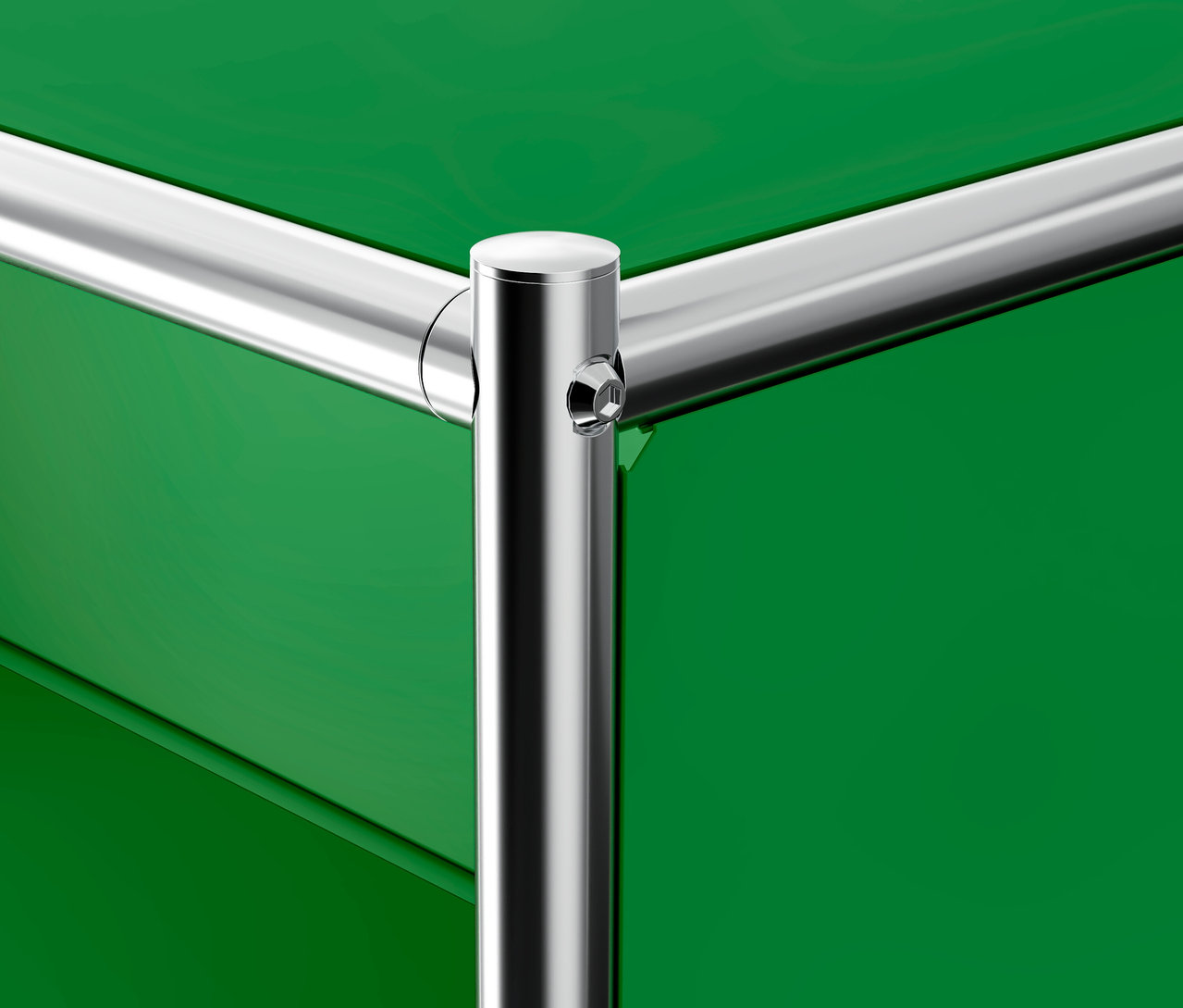 Détail du caisson à roulettes « CN3 » vert avec 3 tiroirs et structure chromée.