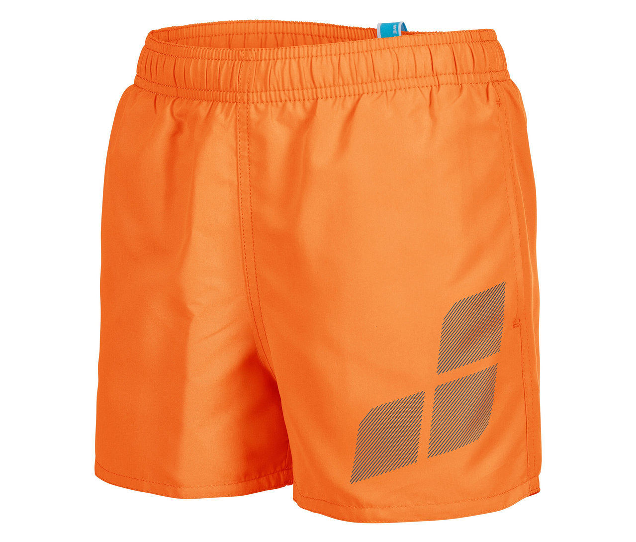 Short de bain orange avec une taille élastique et un motif graphique linéaire oblique sur la jambe.