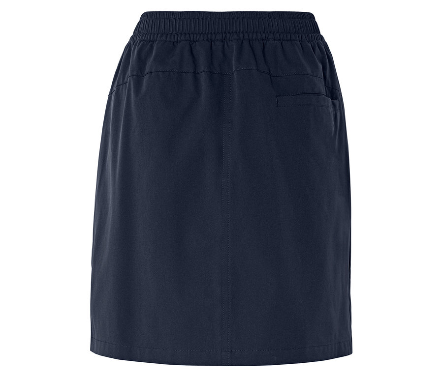 Gros plan d'une jupe bleu marine avec une ceinture élastique et une poche arrière.