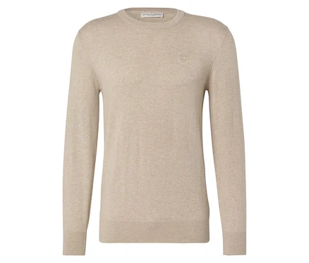 Pull beige clair à manches longues et col rond, à plat.