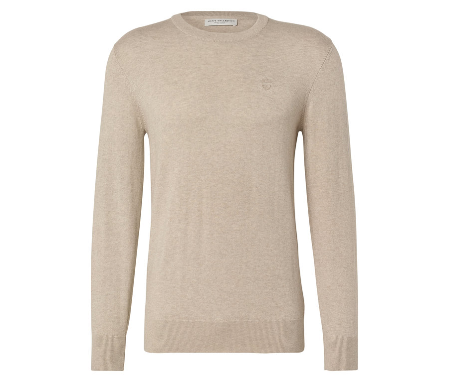 Pull beige clair à manches longues et col rond, à plat.