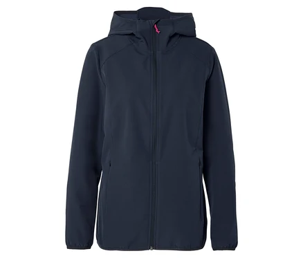 Veste softshell bleu foncé à capuche avec fermeture éclair rose.