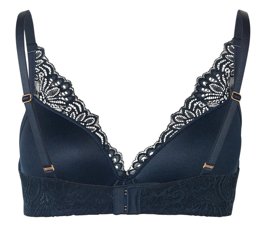 Soutien-gorge bleu marine avec dentelle et bretelles réglables.