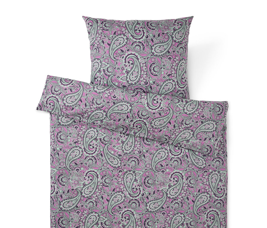 Ensemble de literie avec motif cachemire rose, violet et gris.