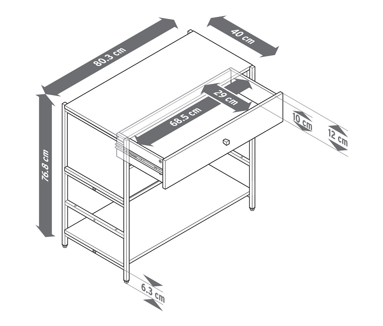 Un dessin au trait en perspective d'une commode « GRADE » avec deux tiroirs, dont un est ouvert et les dimensions sont indiquées en centimètres.