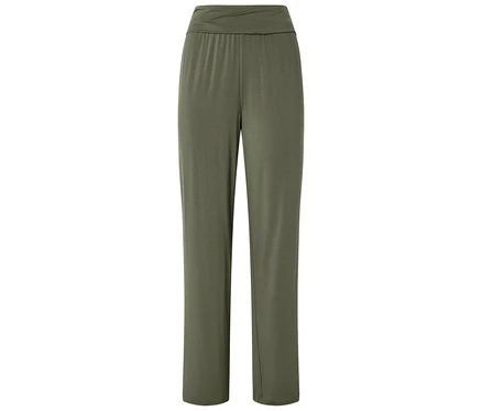 Pantalon d'intérieur vert olive ample avec une large ceinture repliée.