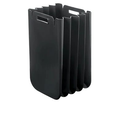 Poubelle et collecteur de bouteilles Guzzini noir, avec un design accordéon, plusieurs compartiments et des poignées sur le dessus.