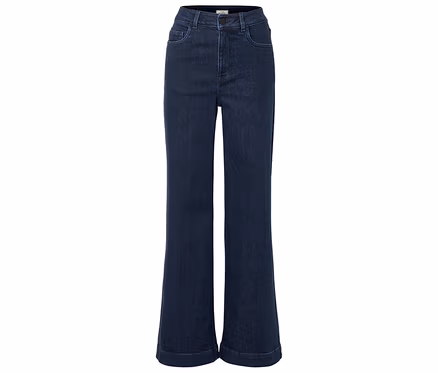 Jean bleu foncé évasé avec poches et fermeture boutonnée.