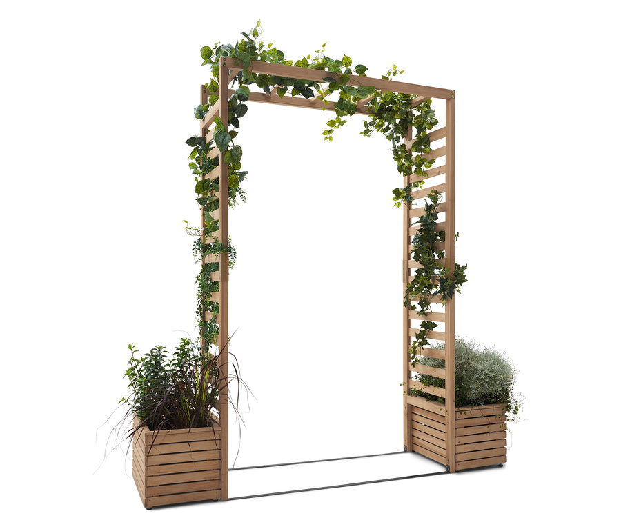 Arche en bois avec des plantes dans des caisses en bois.