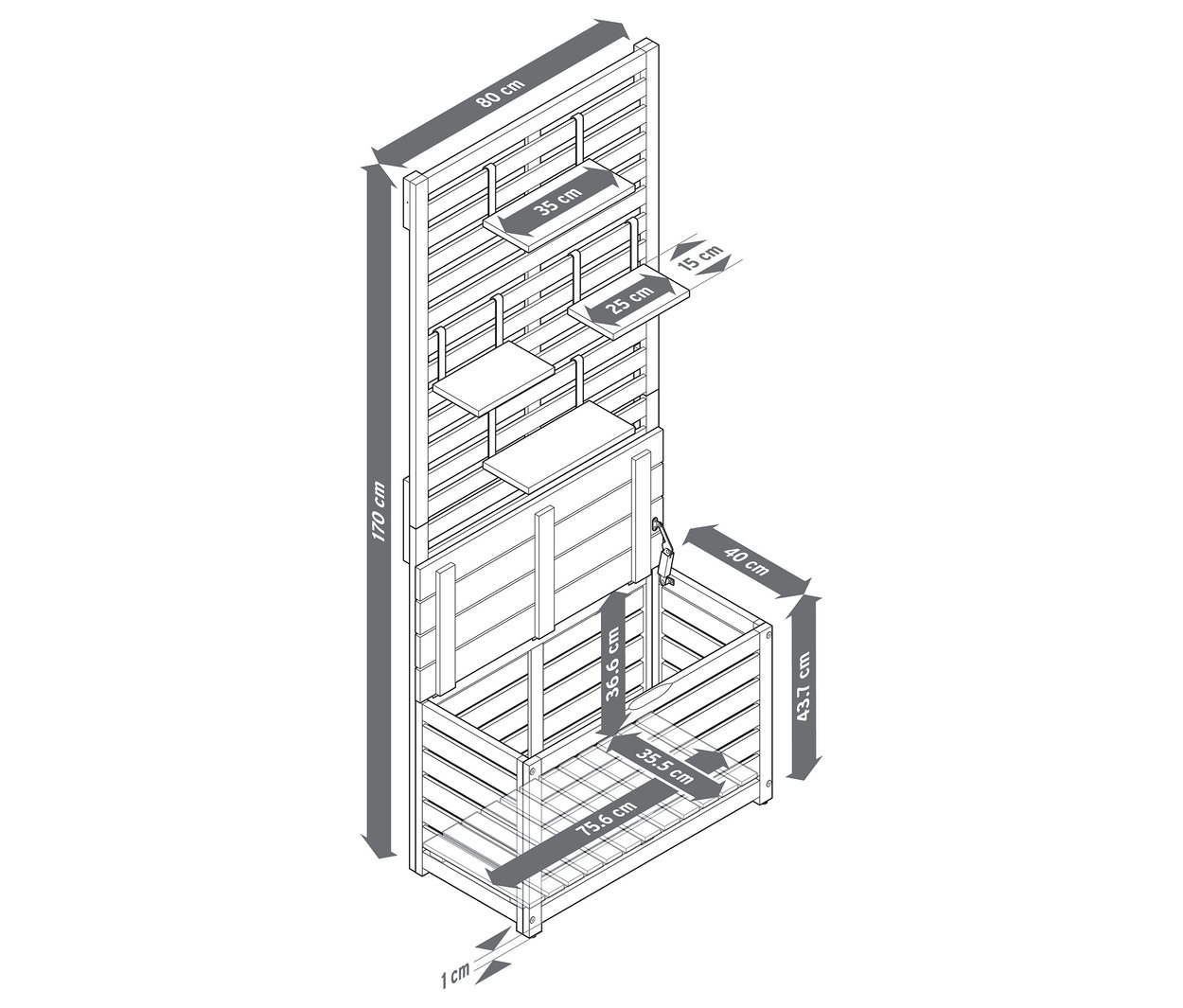 Vue de dessus des dimensions du banc de balcon avec rangement et pare-vue.