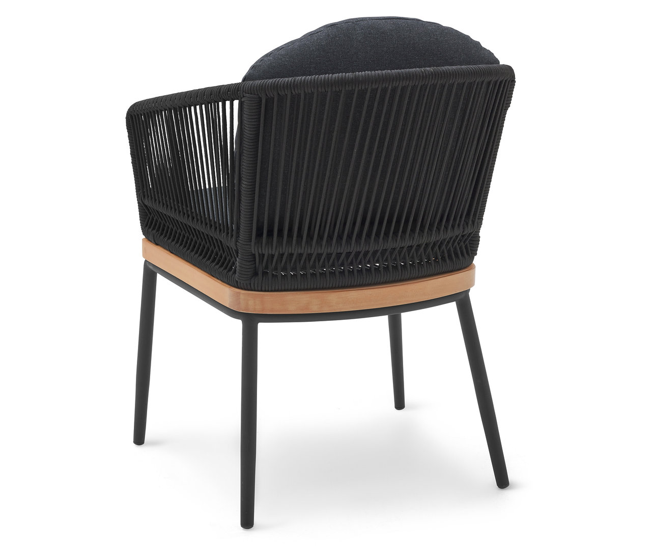 Vue arrière d'une chaise de jardin avec tressage textile.