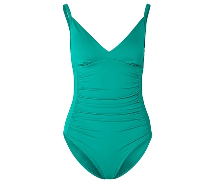 Un maillot de bain turquoise avec un col en V et des détails froncés sur le côté.