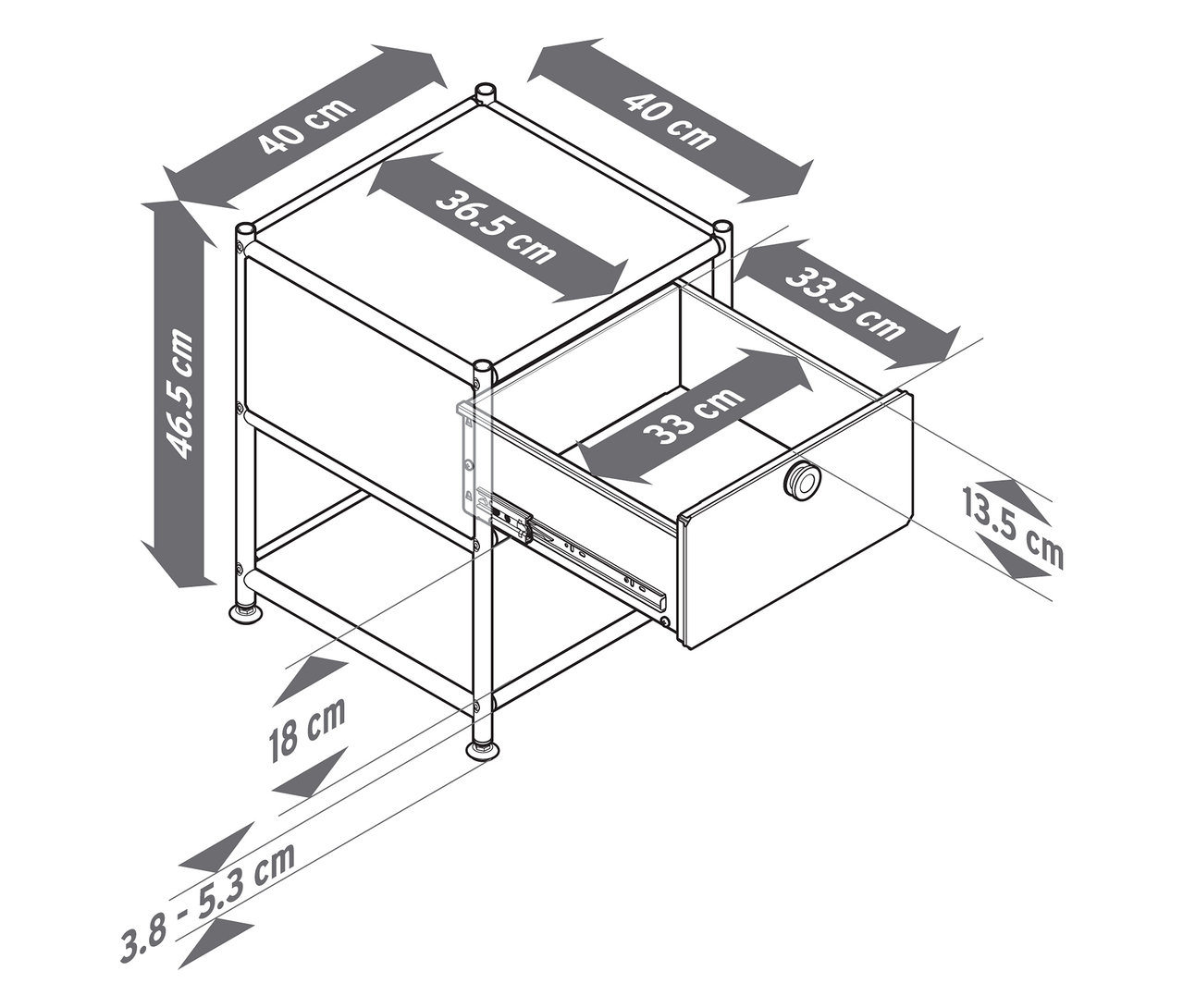 Vue de dessus d'une table d'appoint en métal « CN3 » avec un tiroir ouvert, toutes les dimensions sont indiquées.