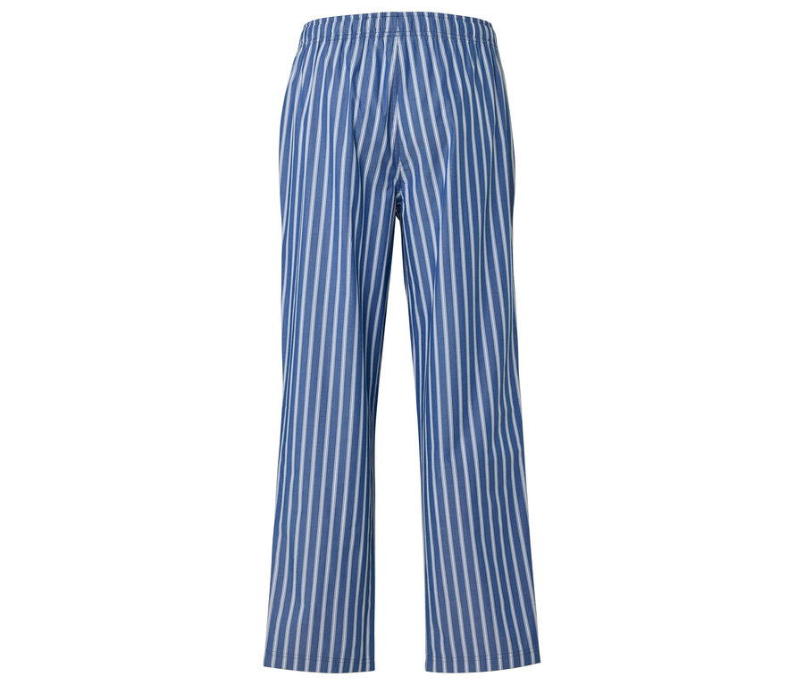 Pantalon de pyjama rayé bleu et blanc.