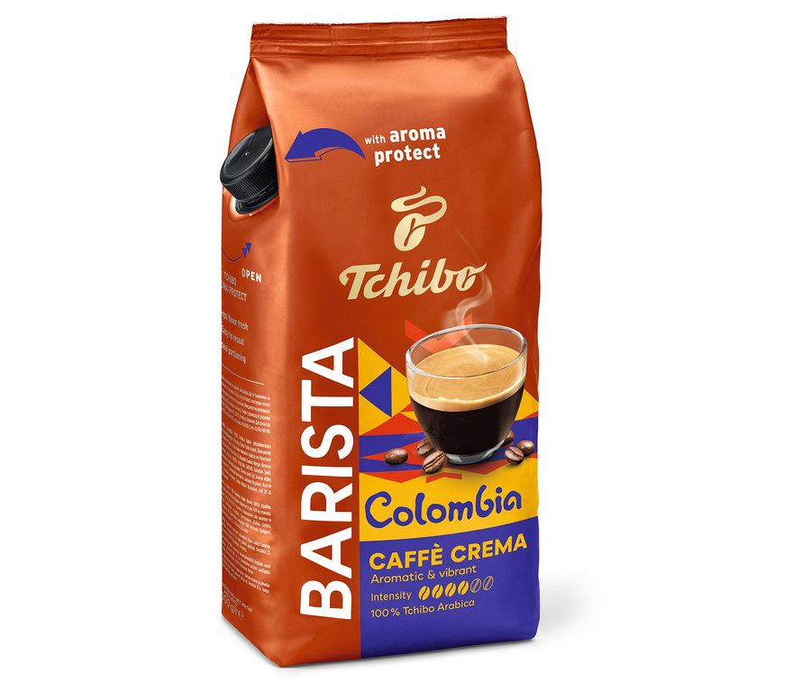 Un paquet de BARISTA Origins Colombia en grains – 1 kg avec protection des arômes et le logo Tchibo est visible.