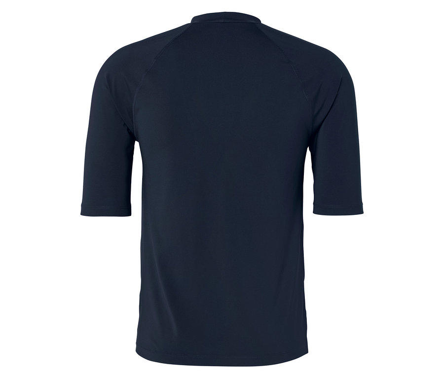 Vue arrière d'un t-shirt bleu marine à manches courtes et col rond.