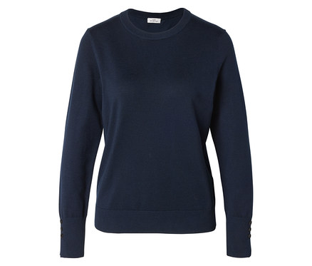 Pull en tricot bleu marine à manches longues et encolure arrondie, avec trois boutons à l'extrémité des manches.