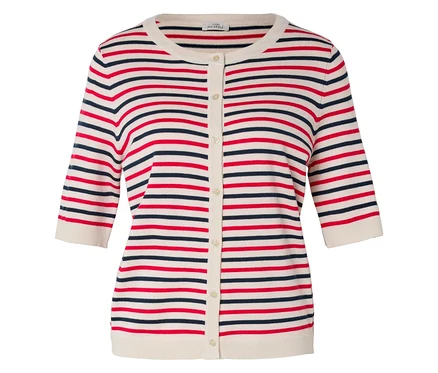 Gilet rayé crème à rayures rouges et bleu marine avec des manches courtes.