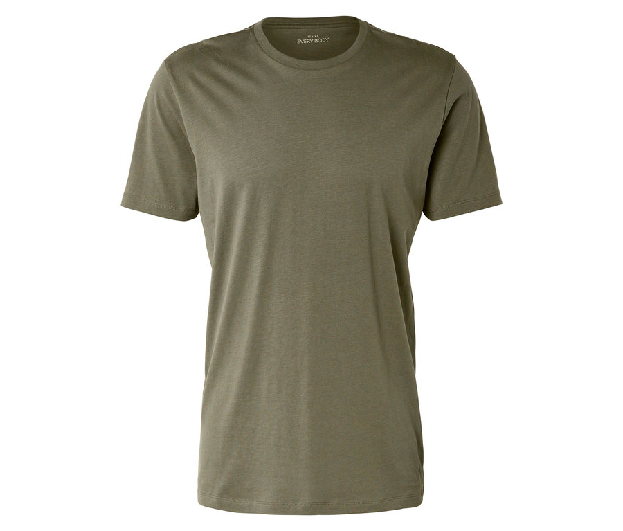 T-shirt vert olive à col rond posé sur un fond blanc.