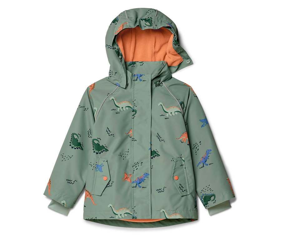 Une veste verte à capuche pour enfants avec un motif de dinosaures est posée sur un fond blanc.