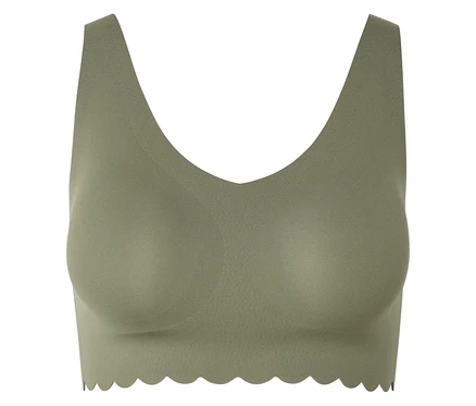 Soutien-gorge vert avec encolure en V et ourlet ondulé sur fond blanc.
