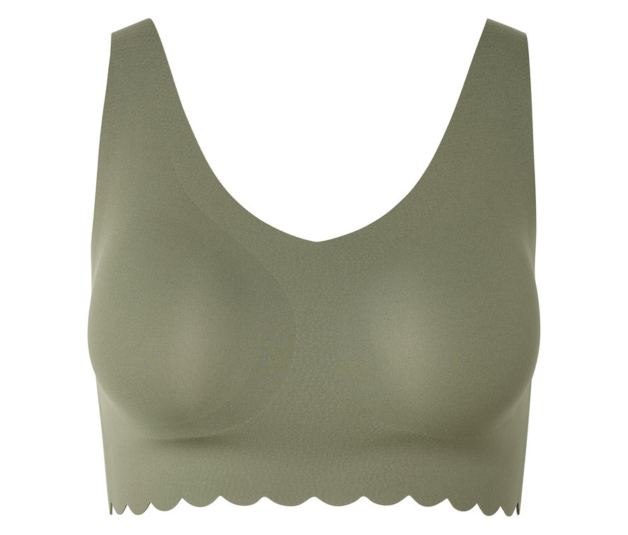 Soutien-gorge vert avec encolure en V et ourlet ondulé sur fond blanc.