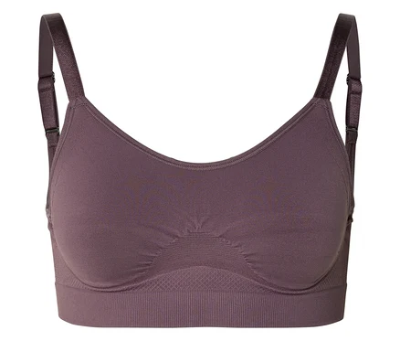 Un soutien-gorge aubergine avec des bretelles réglables repose sur un fond blanc.