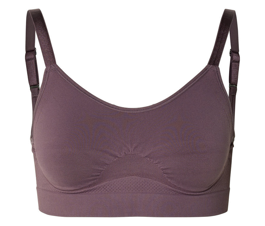 Un soutien-gorge aubergine avec des bretelles réglables repose sur un fond blanc.