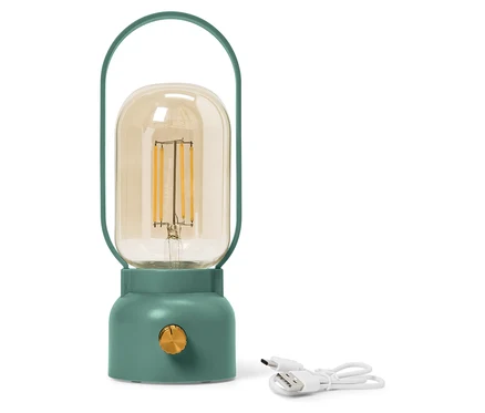 Une lampe verte avec une ampoule en verre jaune est posée à côté d'un câble USB blanc.