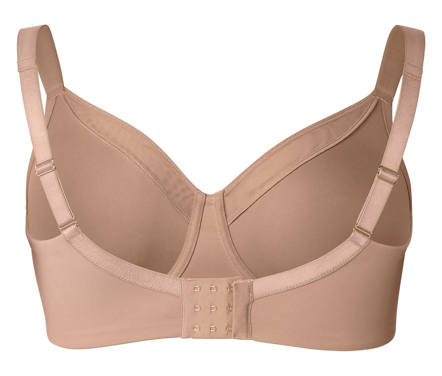 Vue arrière d'un soutien-gorge couleur chair avec bretelles réglables et fermeture à agrafes.
