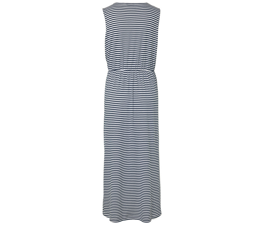 Vue arrière d'une robe maxi sans manches à rayures bleu et blanc avec taille élastique.