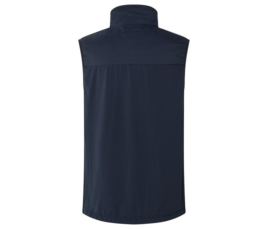 Veste sans manches bleu foncé avec col montant.