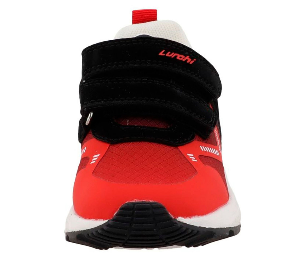 Gros plan d'une seule basket rouge LURCHI « Archie » avec fermeture Velcro noire.