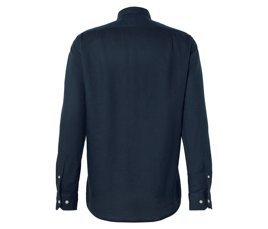 Vue arrière d'une chemise bleu foncé à manches longues boutonnée.