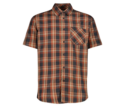 On voit la chemise à manches courtes pour homme CMP à carreaux orange, gris et noir.