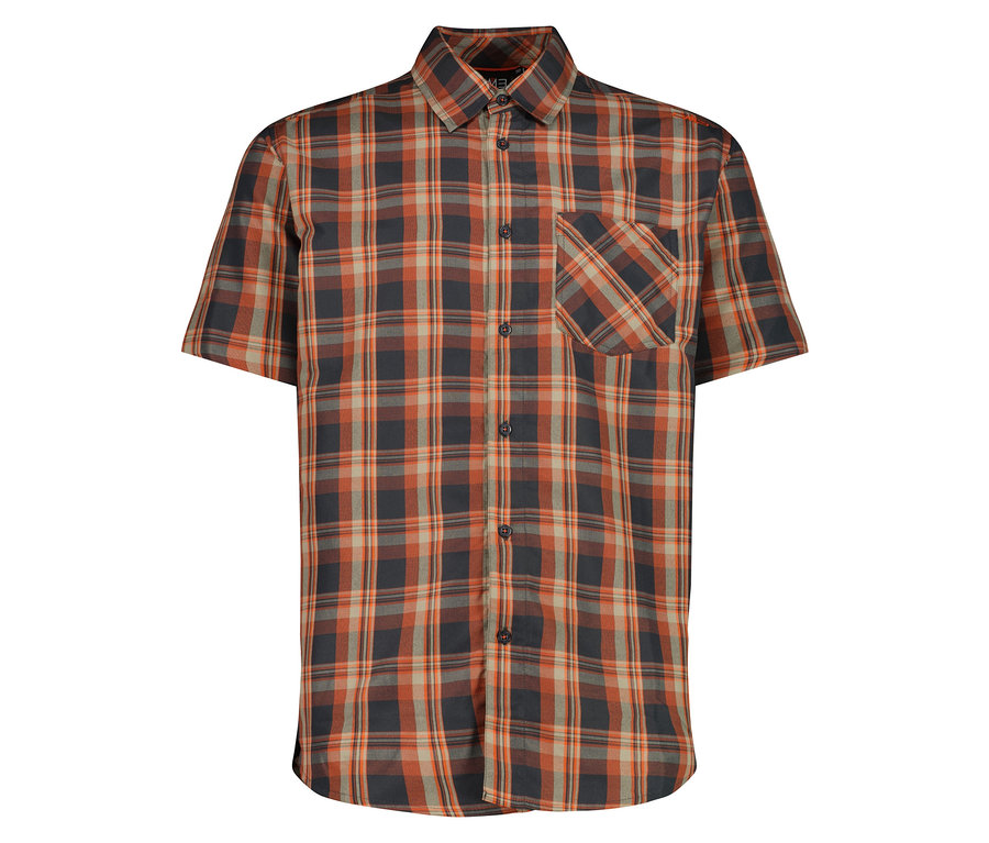 On voit la chemise à manches courtes pour homme CMP à carreaux orange, gris et noir.