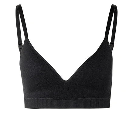 Soutien-gorge noir à col en V et fines bretelles sur fond blanc.