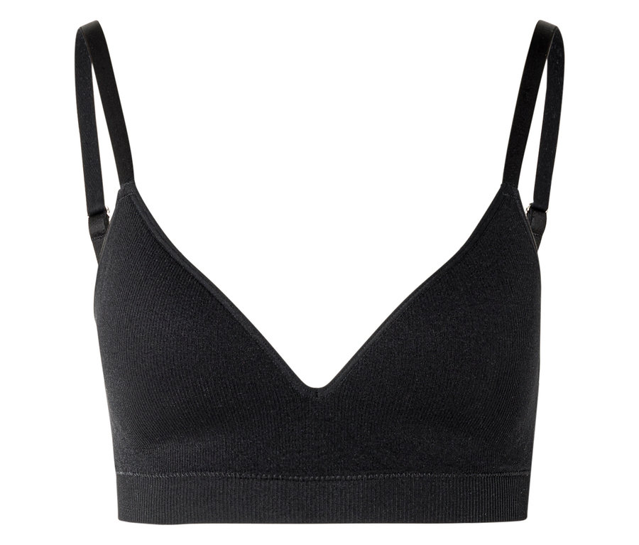 Soutien-gorge noir à col en V et fines bretelles sur fond blanc.