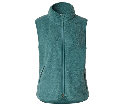 Gilet en polaire Teddy turquoise avec col montant, fermeture éclair intégrale et poche zippée.